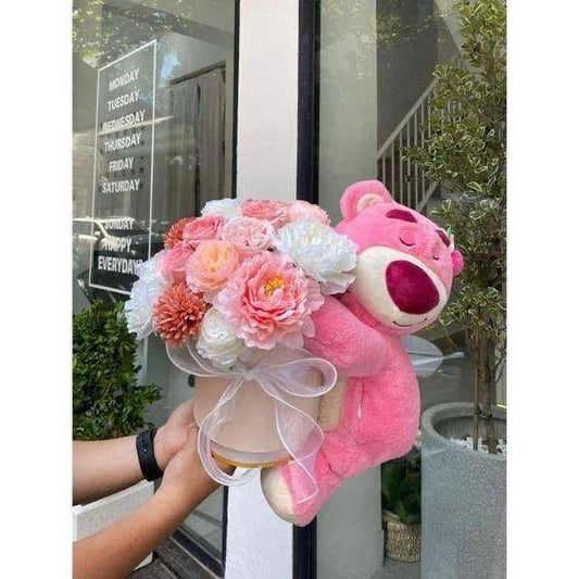 Cute Teddy Hug Flower Box with Heart Balloon – Romantic Gift for Her