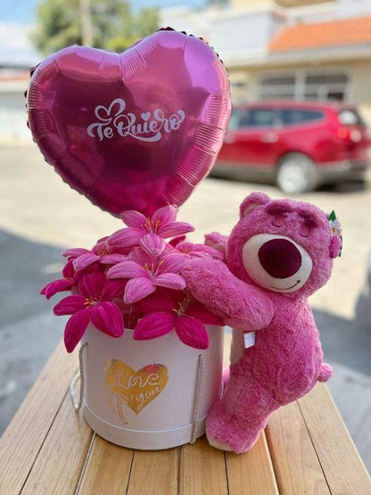 Cute Teddy Hug Flower Box with Heart Balloon – Romantic Gift for Her